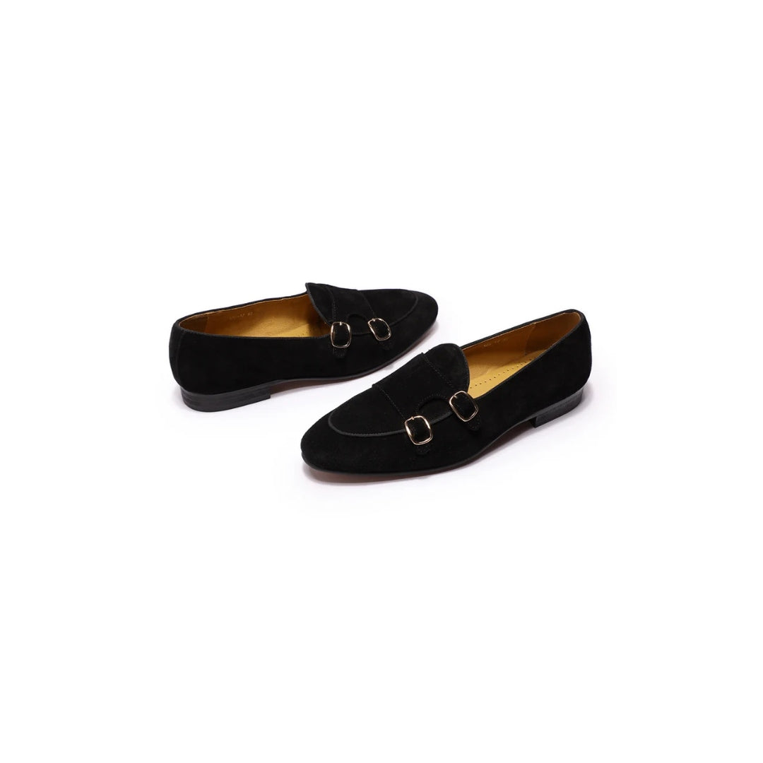 Suede Leather Formal Monk Strap Loafers with Low Stacked Block Heel