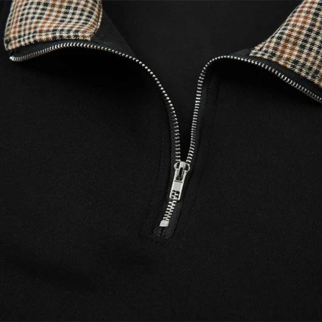 Black Long Sleeve Polo with Half-Zip Closure and Plaid Collar