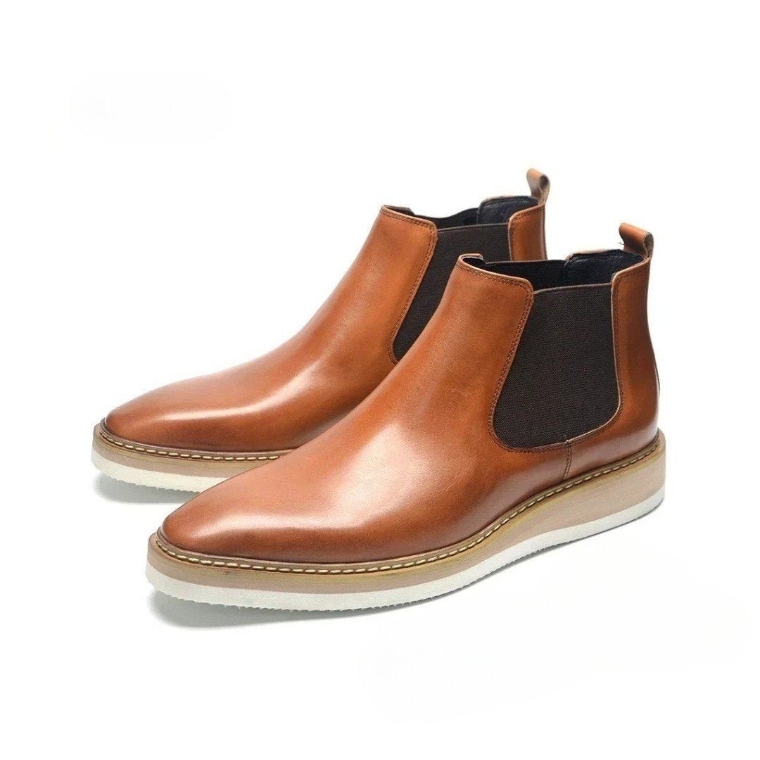 Leather Smart Casual Chelsea Ankle Boots with White Wedge Platform Sole
