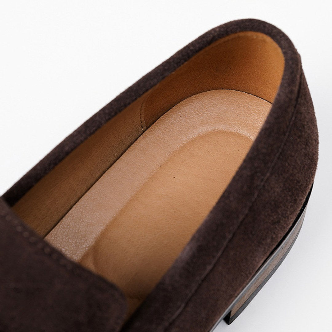 Suede Penny Business Loafers with Low Block Heel