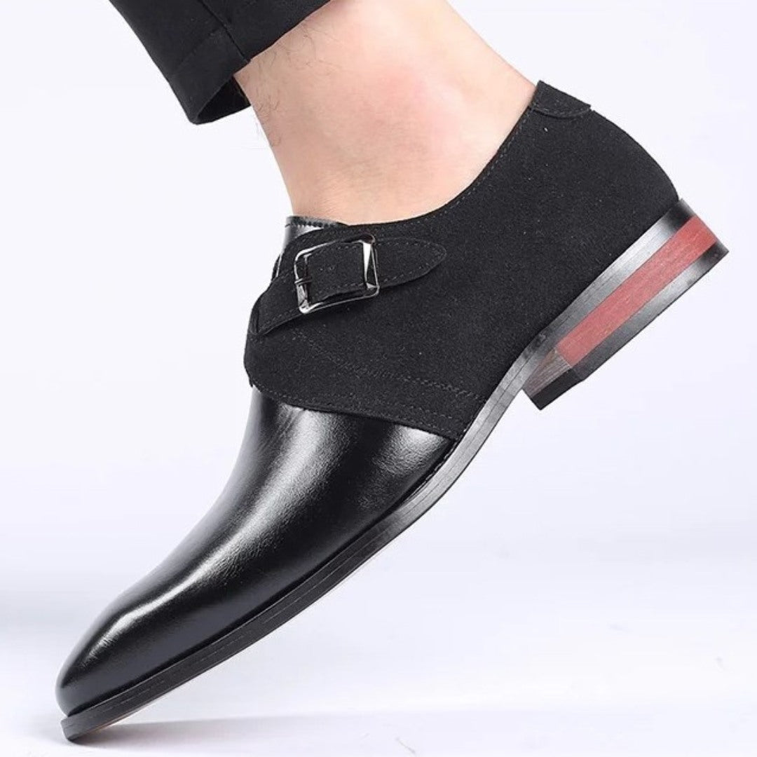 Two-Tone Suede Buckle Dress Shoes with Low Block Heel