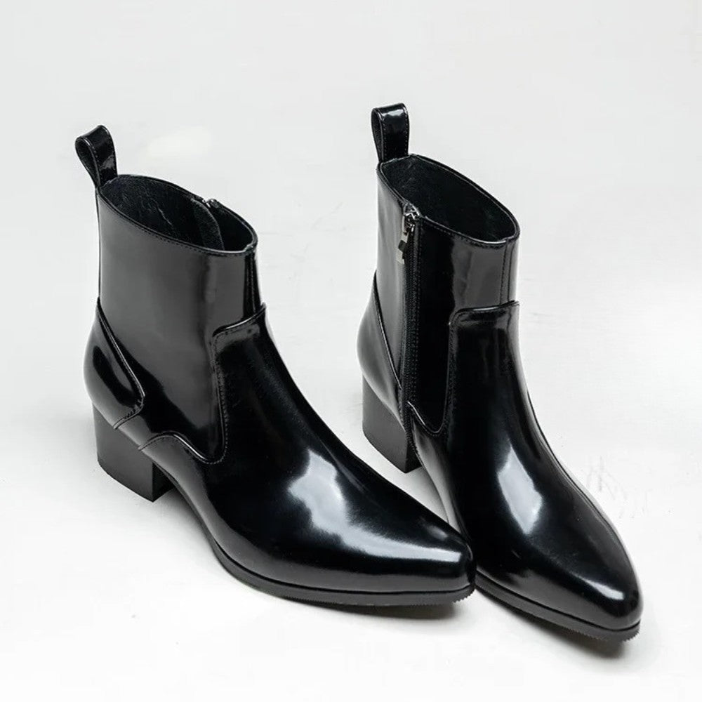 Black Patent Pointed Toe Heeled Chelsea Ankle Boots