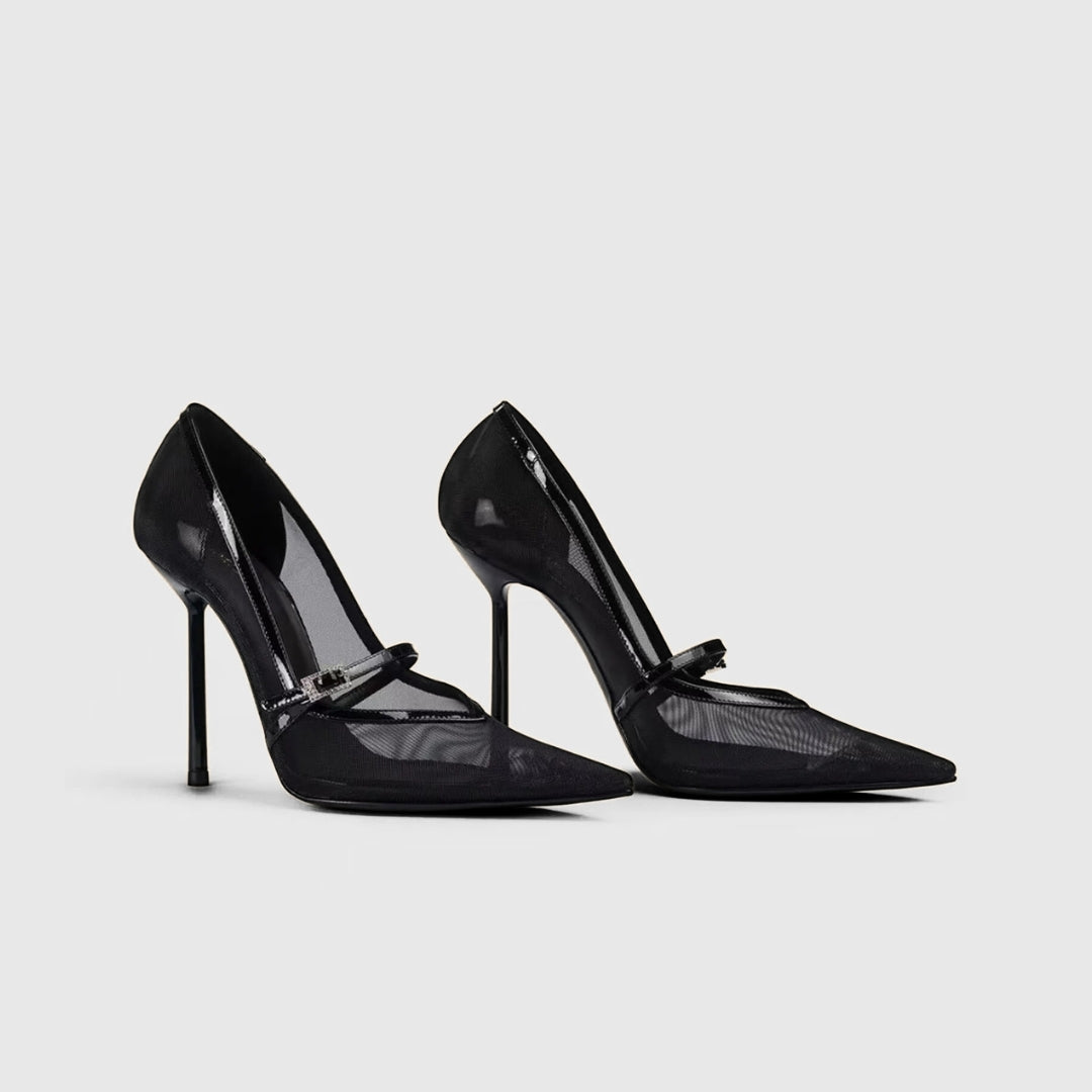 Black Mesh Mary Jane Stiletto Pumps with Rhinestone Buckle Strap