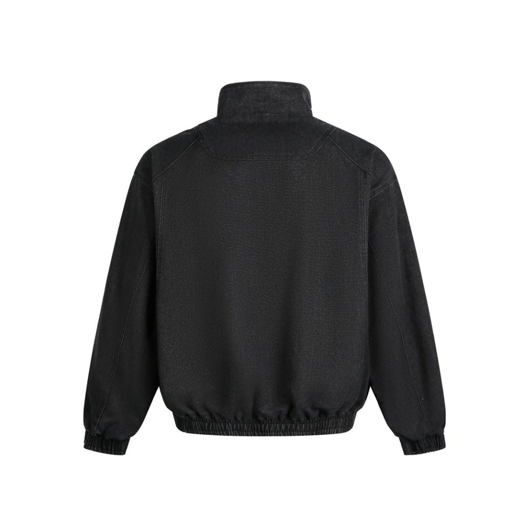 Washed Denim Stand Collar Jacket with Panel Detailing