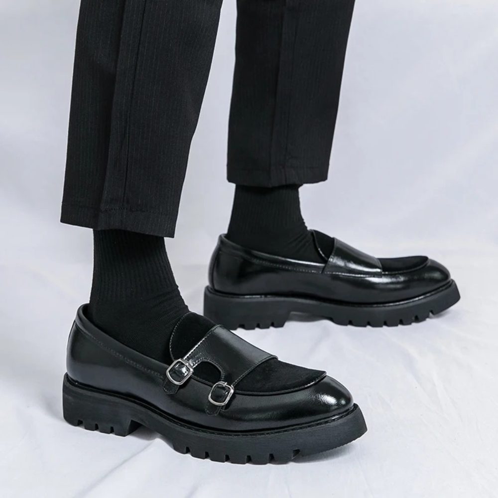 Glossy Suede Strap Chunk Sole Loafers