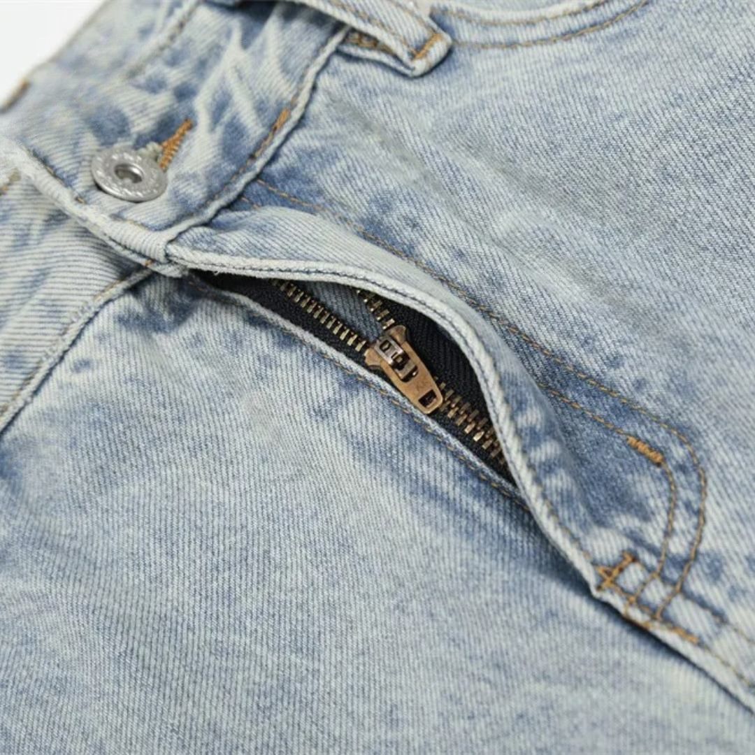 Washed Blue Wide-Leg Denim Jeans with Distressed Finish