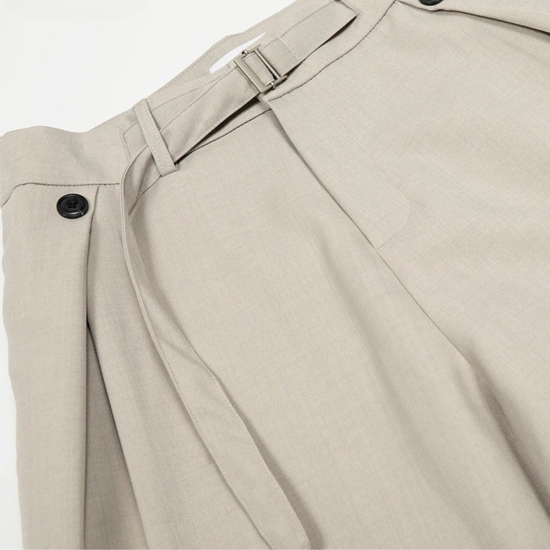 Beige Pleated Wide-Leg Trousers With Integrated Belt