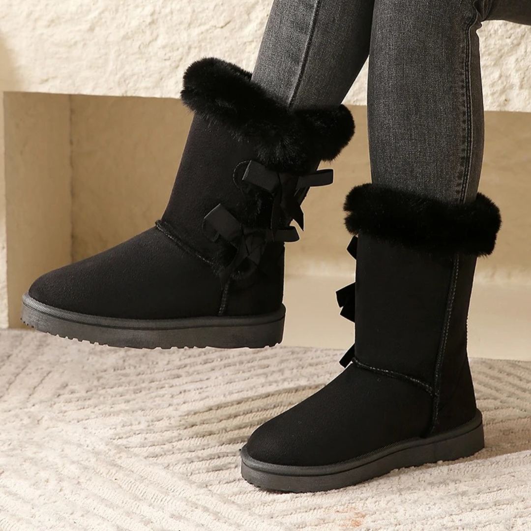 Mid-Calf Slip-On Winter Platform Boots With Side Bow Details and Plush Lining