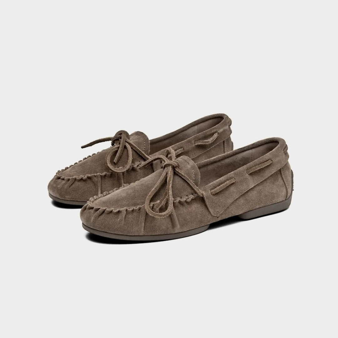 Brown Suede Leather Font-Lace Boat Loafers