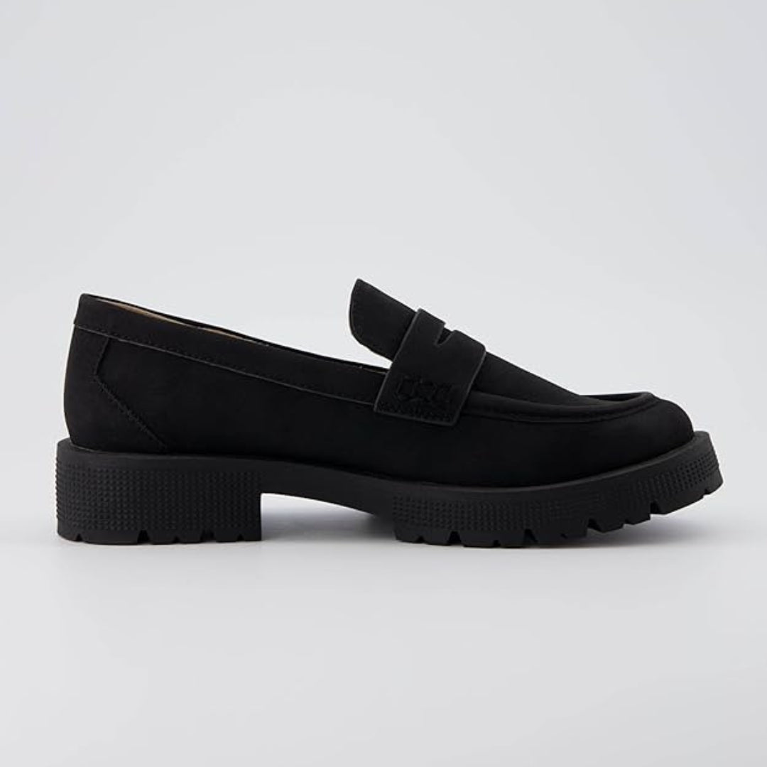 Leather Suede Penny Loafer Pumps with Low Block Heel