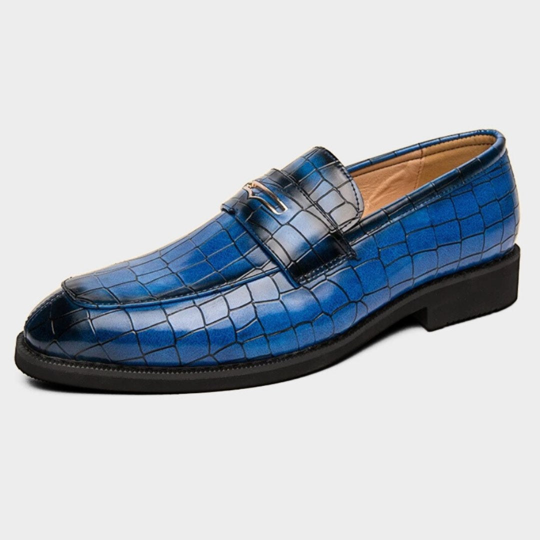 Crocodile-Embossed Leather Penny Loafers with Gold-Tone Strap Detail