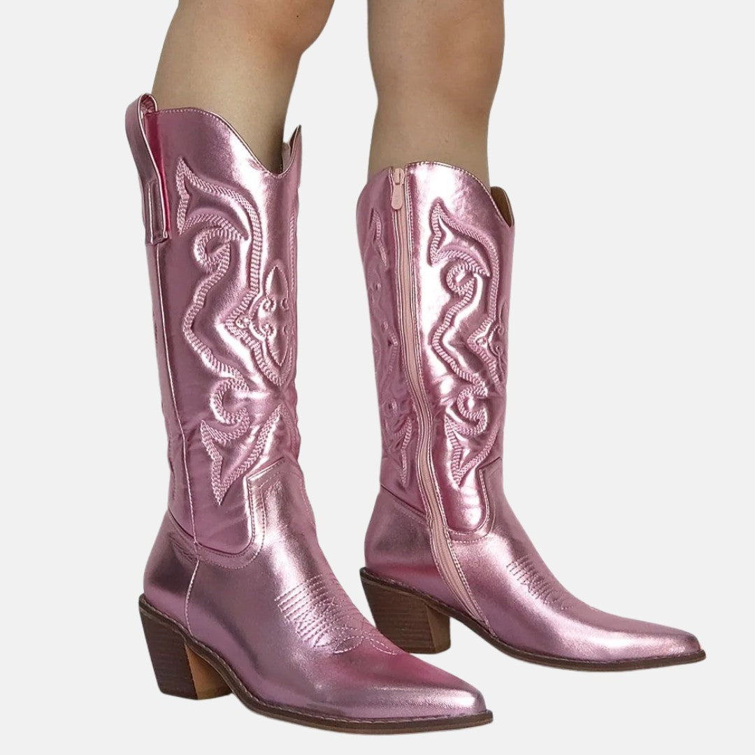 Metallic Finish Embroidered Mid-Calf Western Cowboy Boots