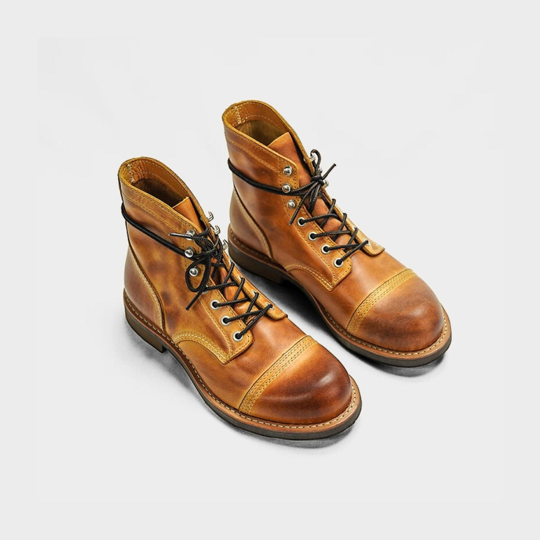 Leather Moc Toe Boots with Goodyear Welt and Rubber Sole