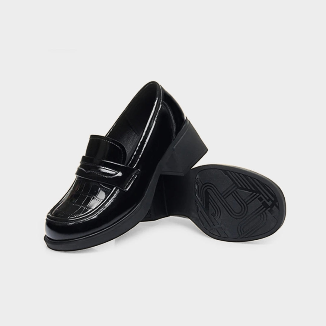 Black Gloss Leather Platform Penny Loafer Pumps