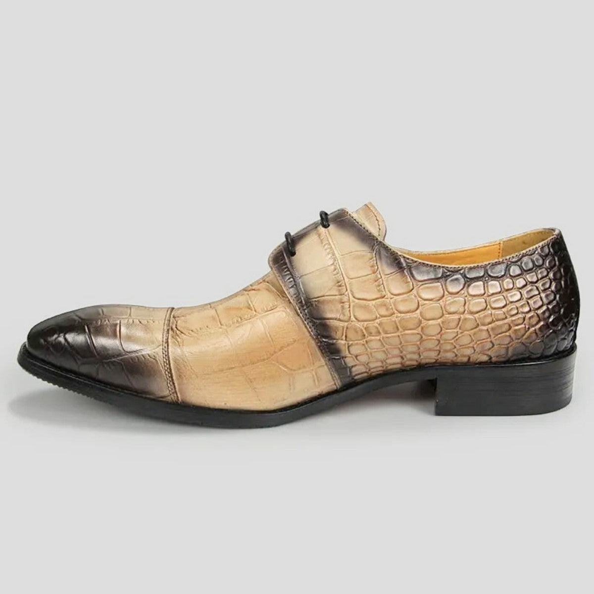 Khaki Crocodile-Embossed Leather Oxford Shoes