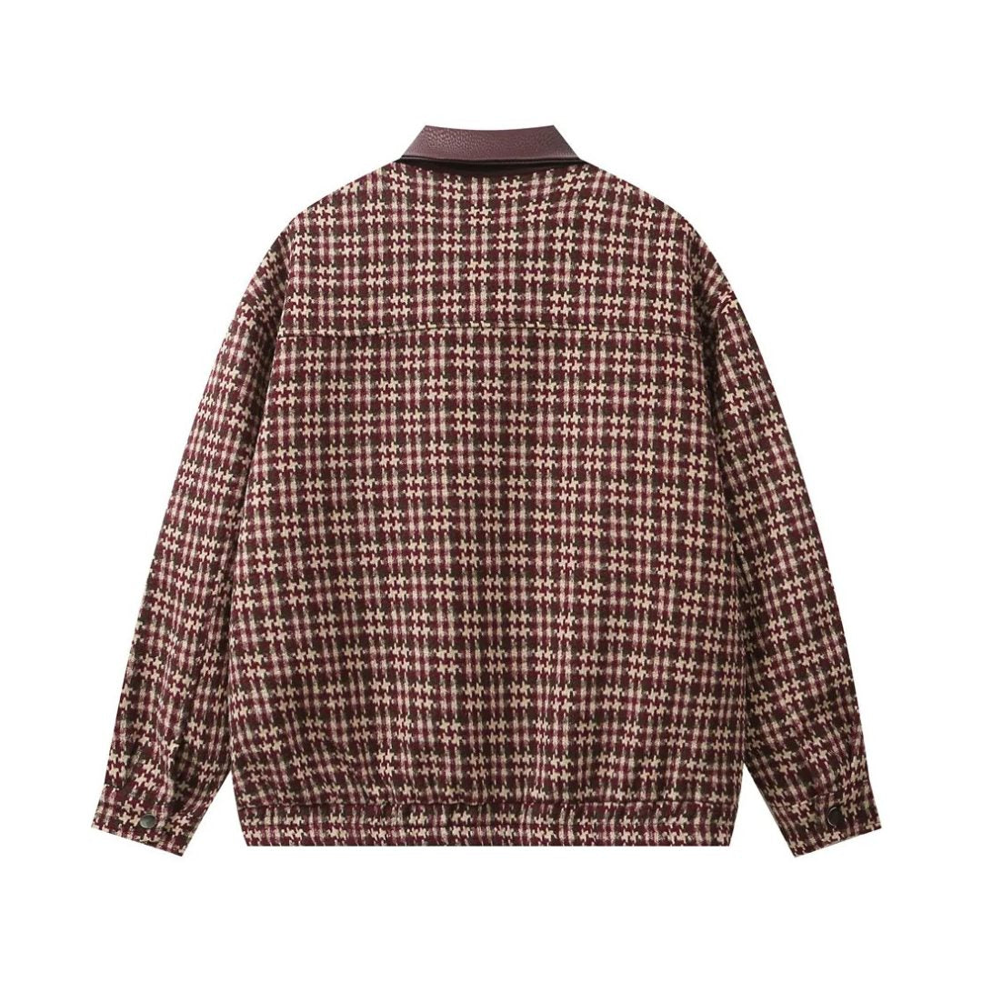 Plaid-Pattern Mid-length Jacket with Leather Collar