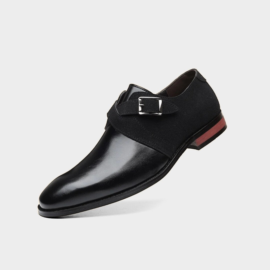 Two-Tone Suede Buckle Dress Shoes with Low Block Heel