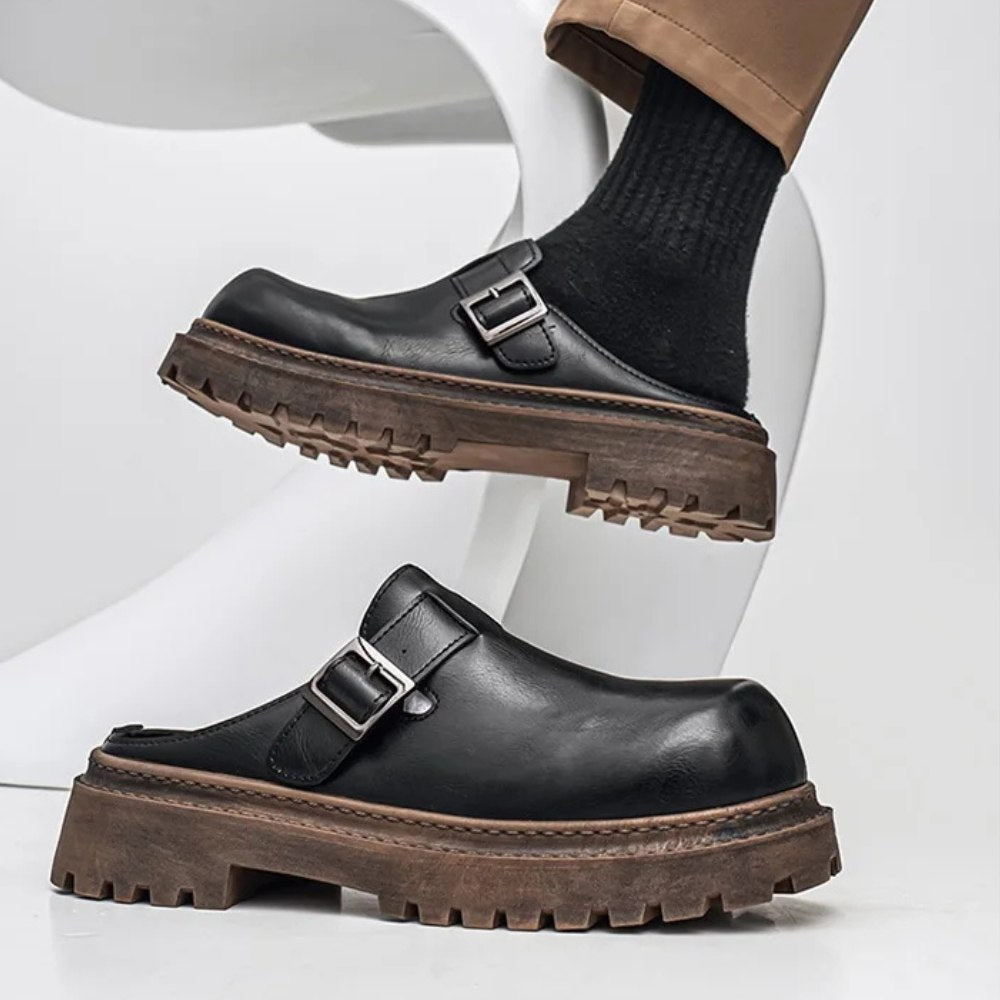 Black Backless Leather Buckle Loafers with Lug Sole
