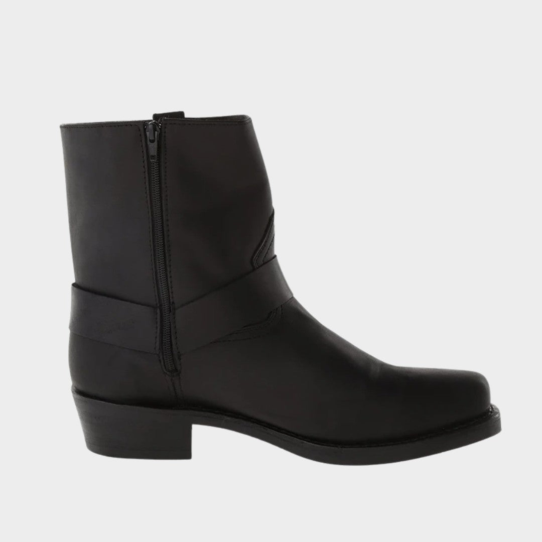 Mid-Calf Square Toe Cowboy Harness Boots with Zip Closure and Low Block Heel