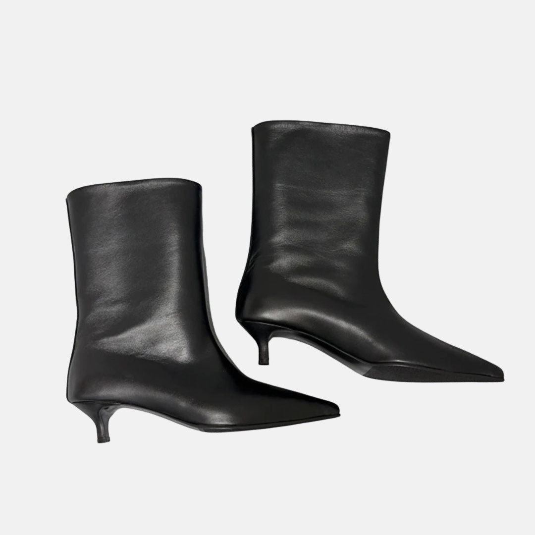 Vegan-Leather Mid-Calf Slip-On Boots with Pointed Toe and Kitten Heel