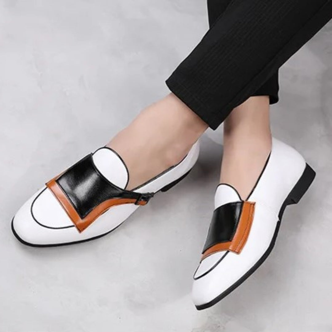 Colourblock Monk Strap Loafers with Pointed Toe and Buckle Detail