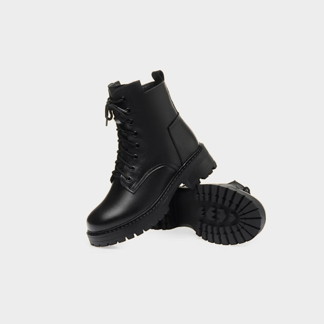 Leather Lace-Up Combat Low Heel boots with Warm Faux Fur Lining
