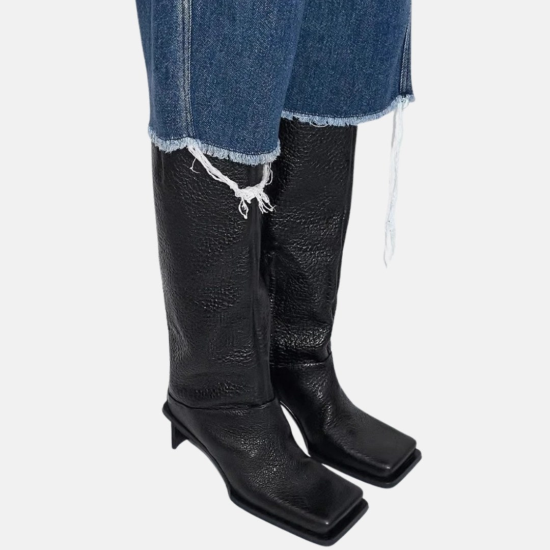 Knee-High High-Heel Leather Boots with Square Toe