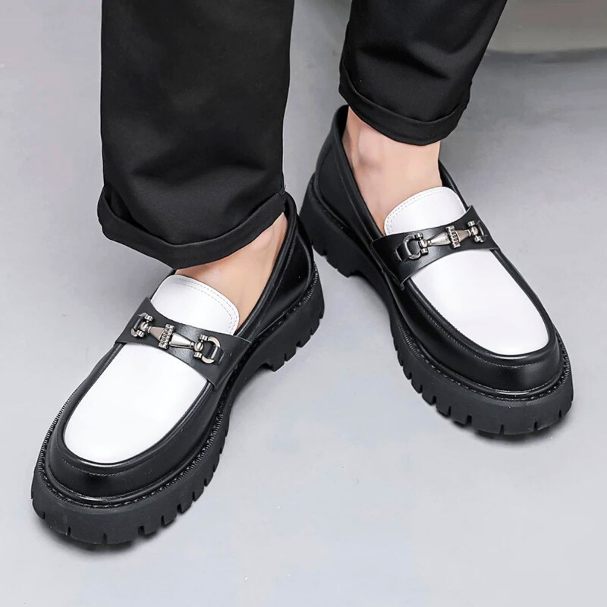 Black and White Leather Horsebit Loafers
