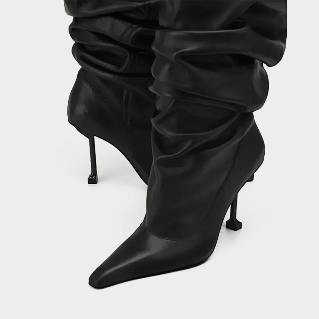 Wrinkled Patent Slouch Knee-High Stiletto Boots with Pointed Toe
