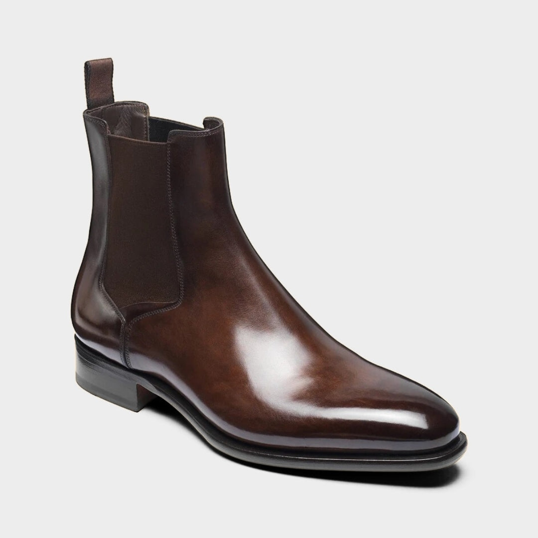 Brown Polished Leather Chelsea Ankle Boots with Almond Toe