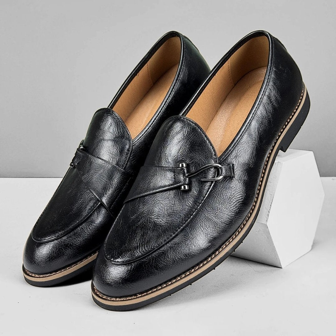 Leather Dress Loafers with Decorative Hook Closure