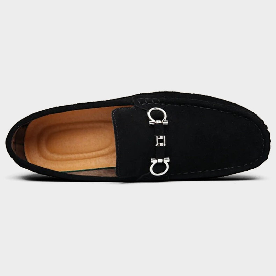 Suede Driving Loafers with Metallic Horsebit Buckle