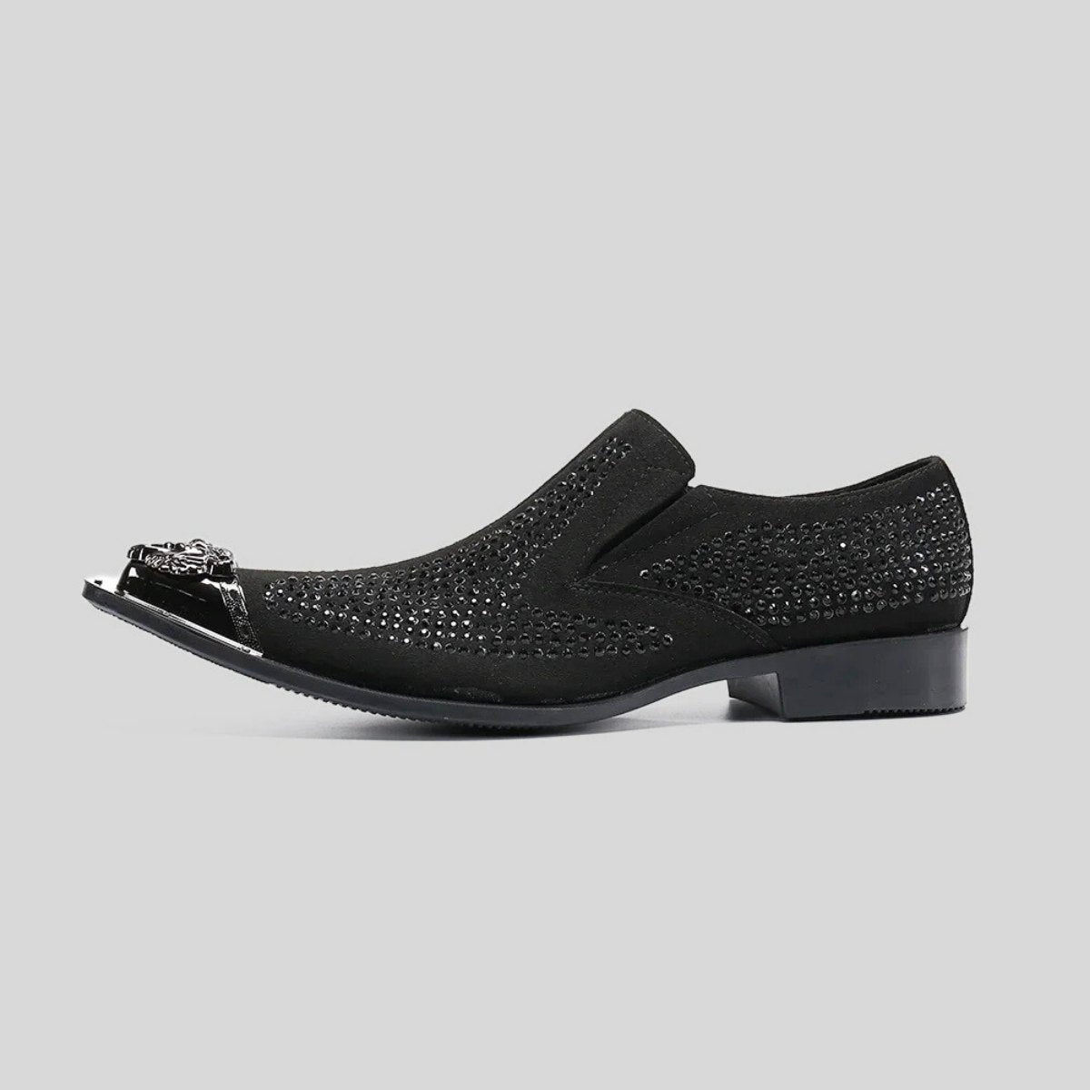 Rhinestone Slip-On Loafers with Metal Crest Toe