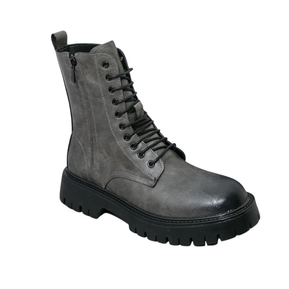Leather Lace-Up Ankle Boots with Side Zipper and Platform Sole