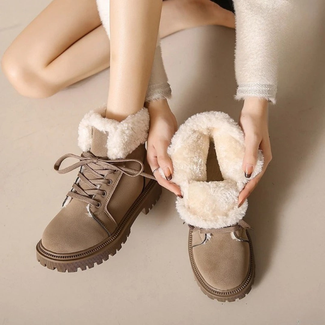 Suede Lace-Up Ankle Snow Boots with Faux-Shearling Lining and Chunky Sole