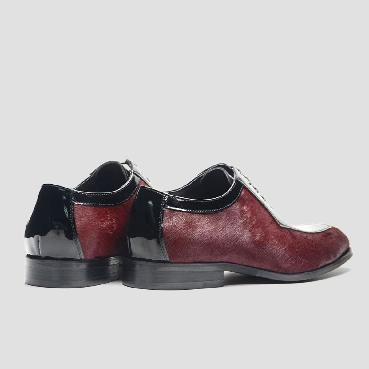 Wine Red Calf Hair Derby Shoes with Patent Leather Trim