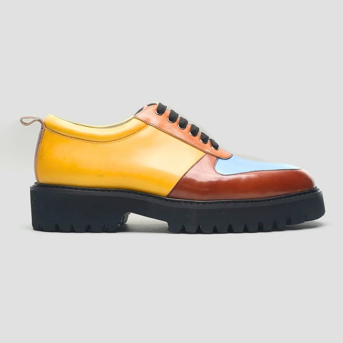 Bold Multitone Derby Shoes in Yellow, Brown & Blue Leather
