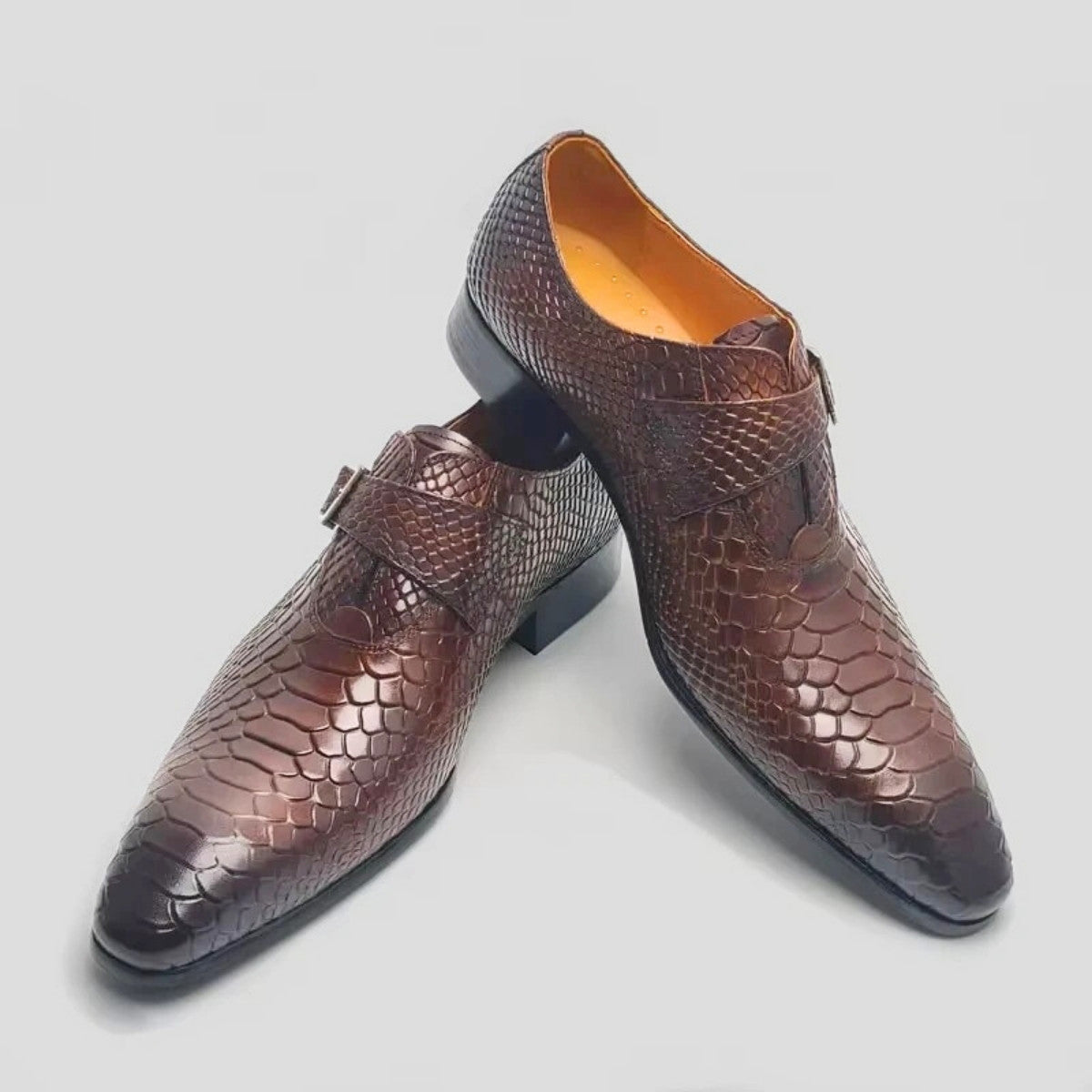 Brown Snake-Pattern Monk Strap Dress Shoes