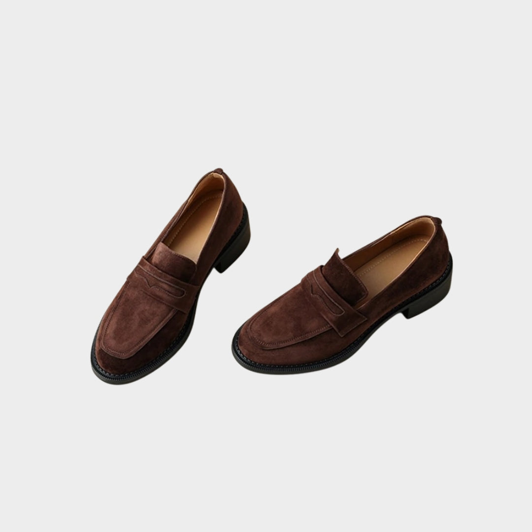 Leather Suede Penny Loafer Pumps with Low Block Heel