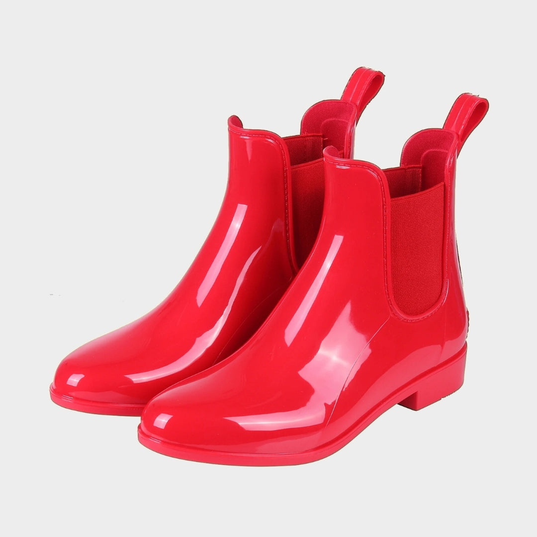 Glossy Waterproof Chelsea Ankle Rain Boots with Low Heel and Pointed Toe