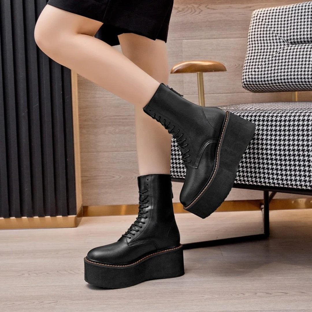 Polished Leather High-Platform Ankle Boots