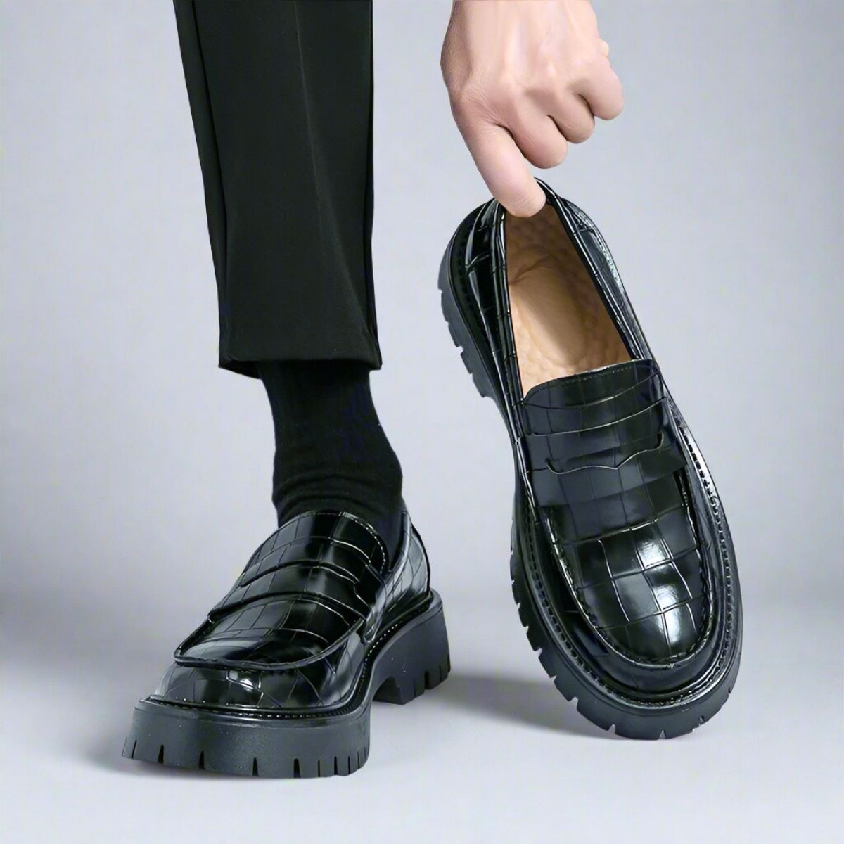 Black Crocodile-Pattern Penny Loafers with Chunky Sole