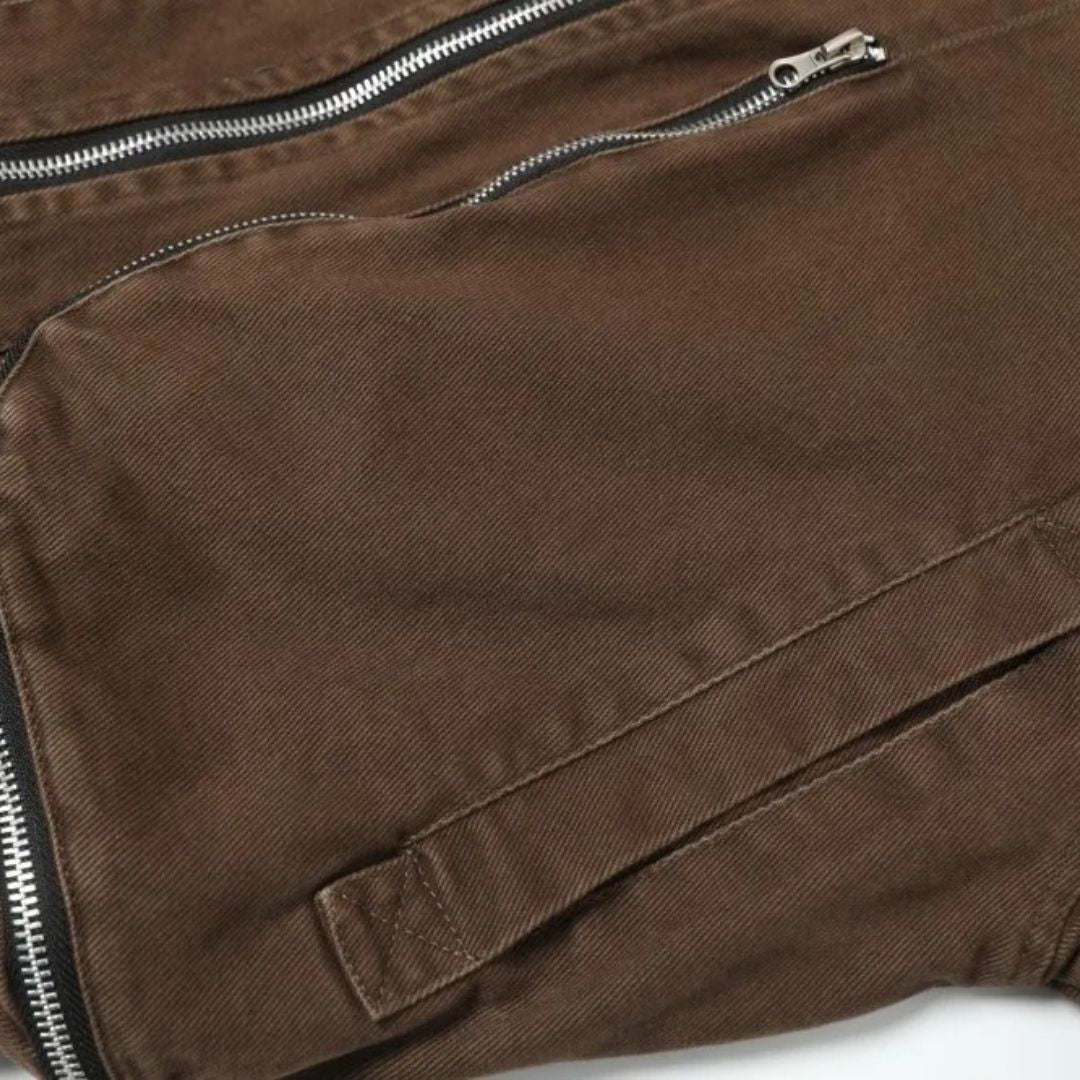 Brown Retro Cargo Bomber Jacket With Distressed Finish