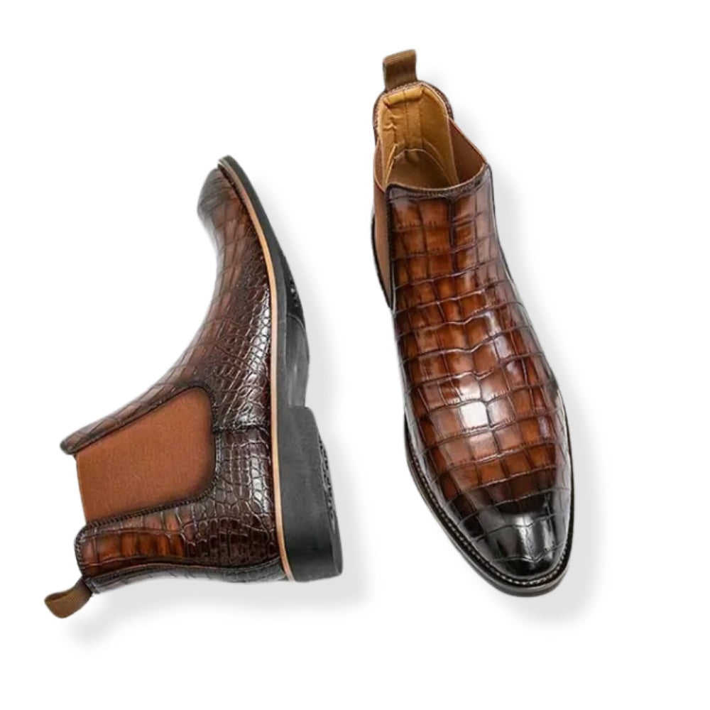Point-Toe Crocodile-Pattern Leather Chelsea Boots