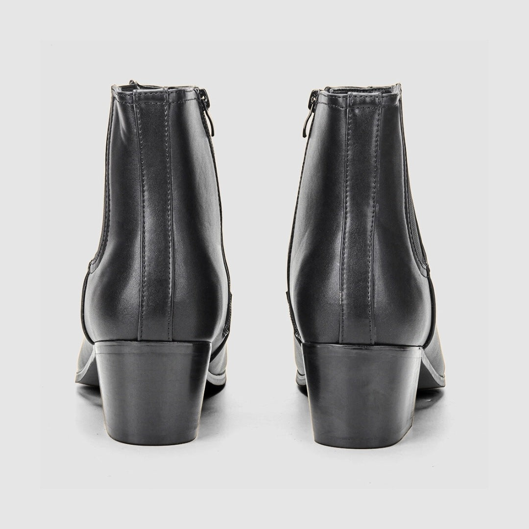 Black Block Heel Chelsea Ankle Boots with Side Zip Closure and Almond-Toe