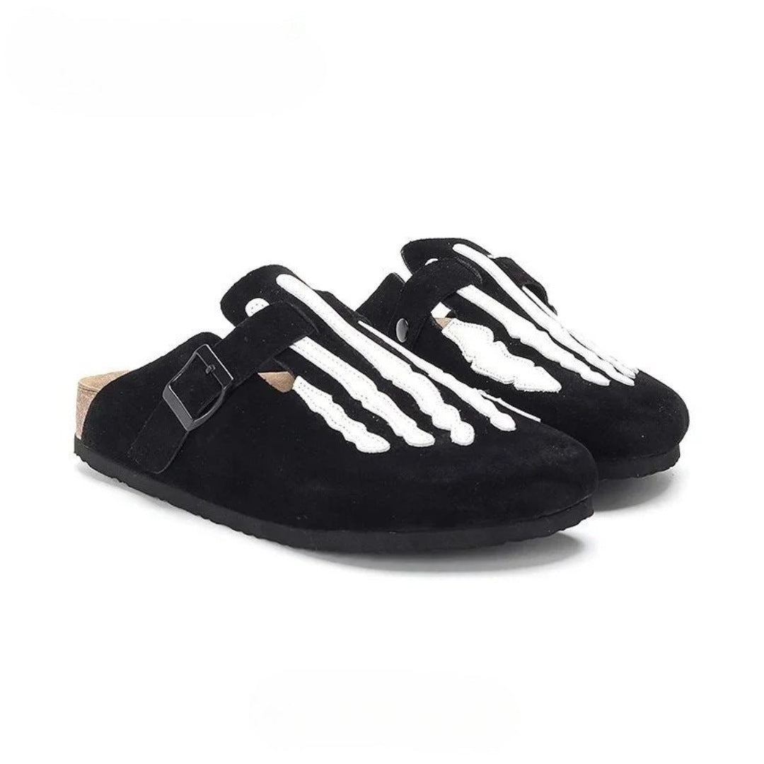 Suede Skeleton Slide Clogs with Cork Sole and Buckle Strap