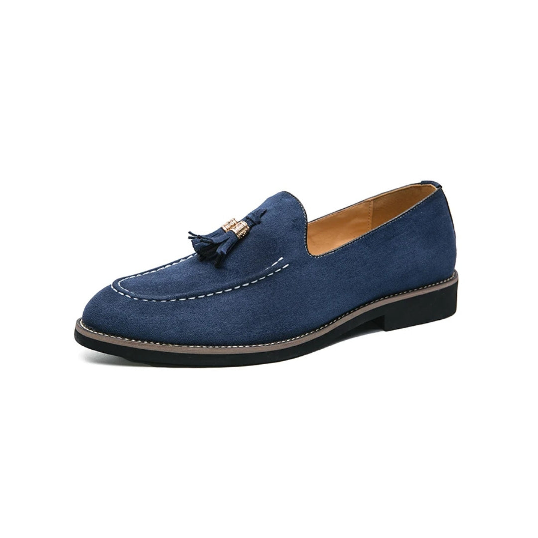 Contrast Stitch Suede Loafers with Metallic Gold-Tone Tassels and Low Block Heel