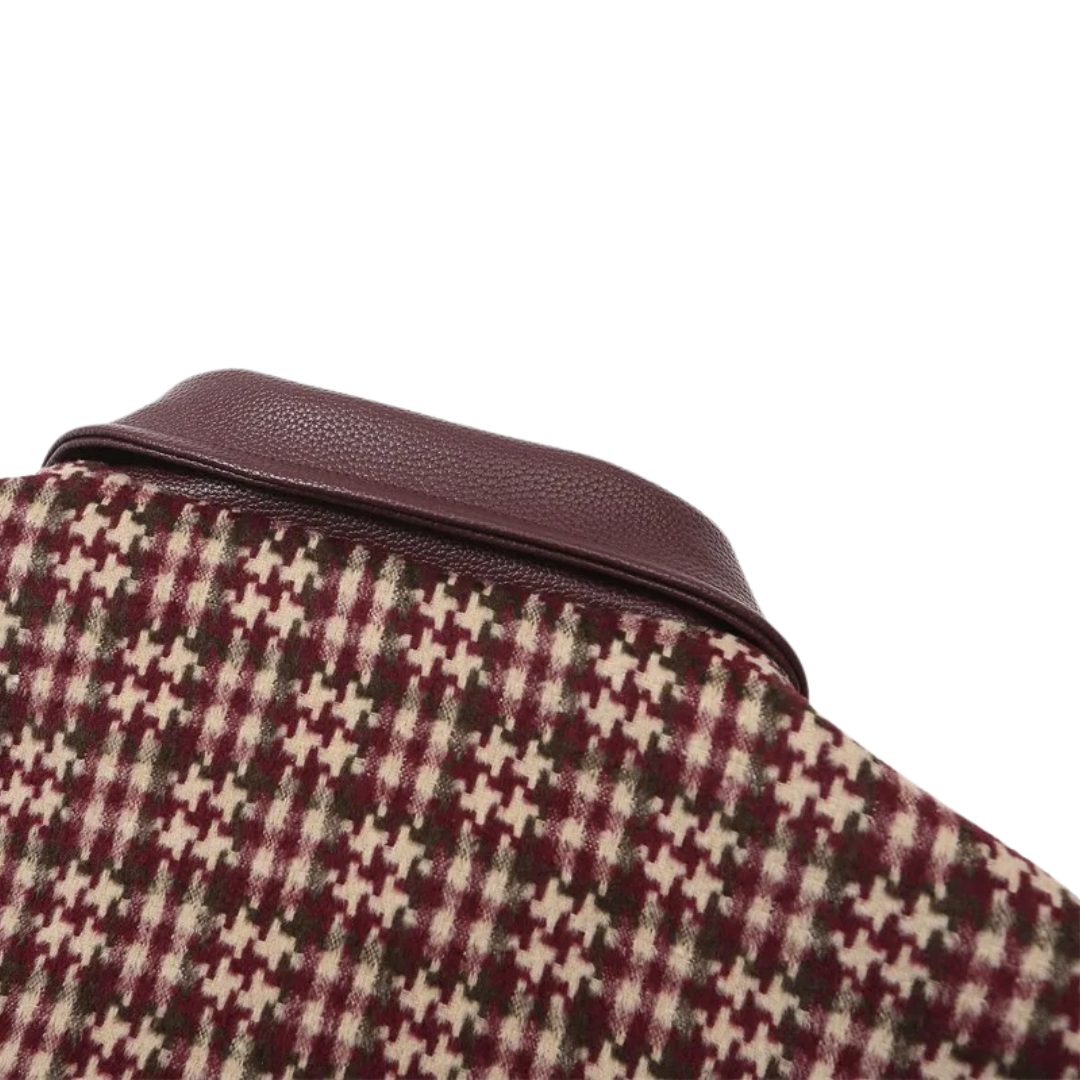 Plaid-Pattern Mid-length Jacket with Leather Collar