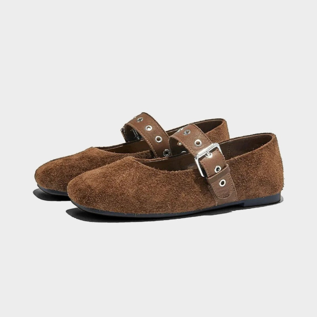 Textured Suede Mary Jane Flats with Leather Buckle Strap