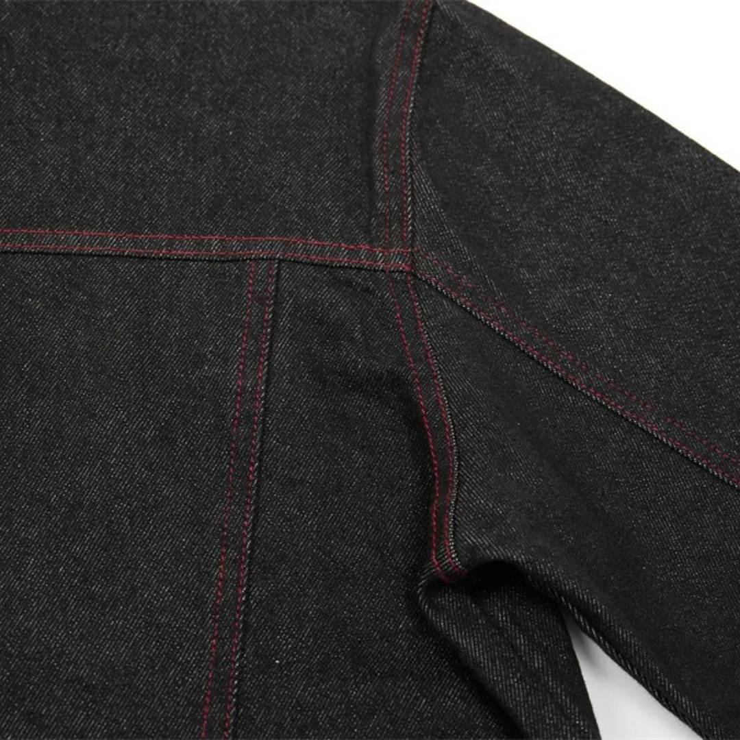 Black Denim Jacket With Lapel Collar and Red Stitching